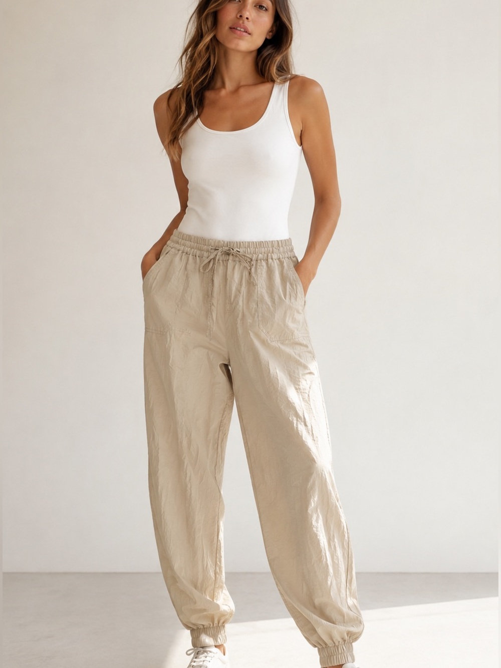 Zara Beige Lightweight Nylon Jogger Pants Size S
